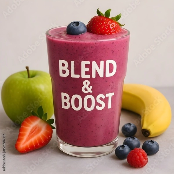 Fototapeta A vibrant berry smoothie, adorned with fresh fruits, promises a healthy and refreshing blend of flavors for a nutritious boost
