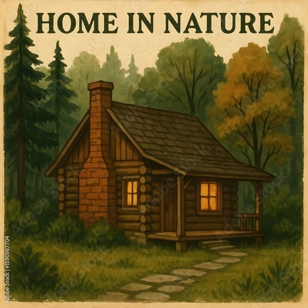 Obraz A charming log cabin nestled in nature evokes a sense of home in nature