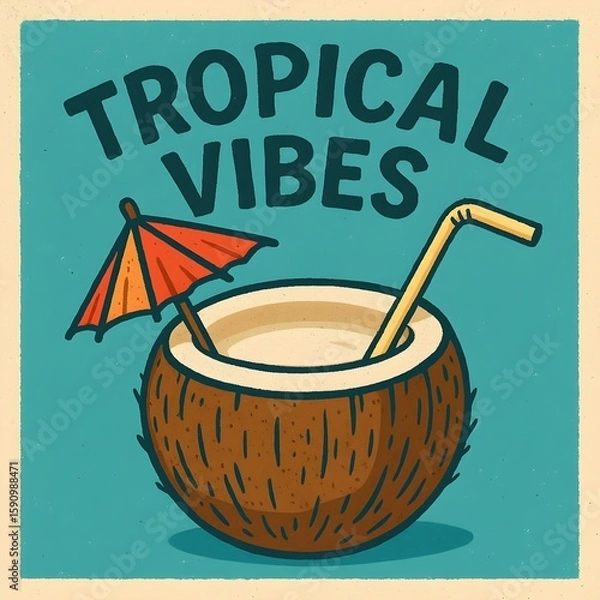 Obraz A coconut drink with an umbrella and straw evokes tropical vibes and a summer vacation feeling