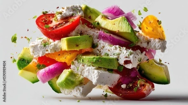 Fototapeta Levitating salad with tomatoes, avocado, feta, and red onion.