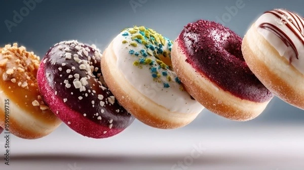 Fototapeta Assorted donuts in a row, vibrant and delicious.