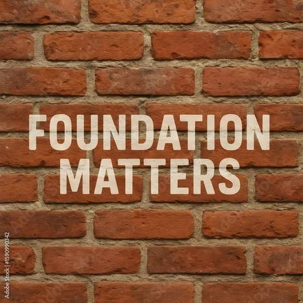 Fototapeta A brick wall with the words foundation matters, emphasizing the importance of a strong base in building and construction, showcasing a rustic and textured background