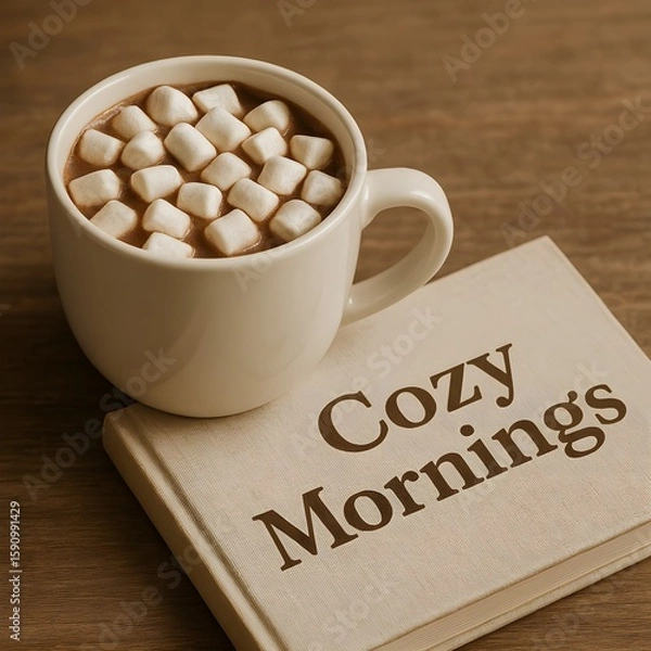 Obraz A mug of hot chocolate with marshmallows on a book titled cozy mornings, evoking a sense of warmth, relaxation, and comforting moments