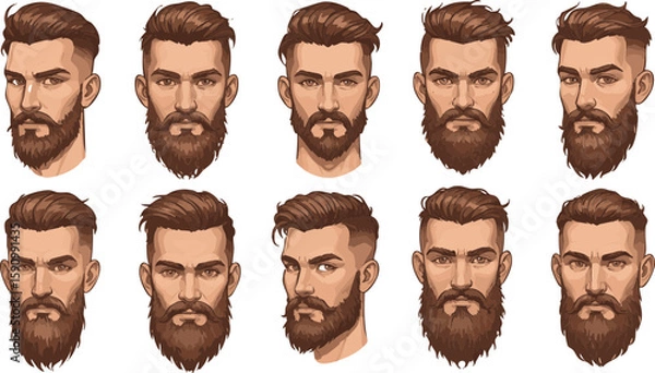 Obraz A collection of diverse cartoon faces and funny facial expressions for men and women, featuring various hairstyles, beards, and mustaches