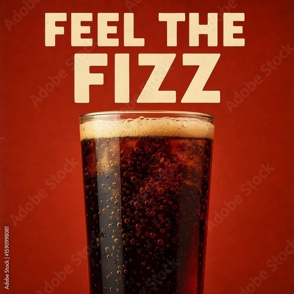 Obraz A glass of cola with bubbles sits in front of a red background with the words feel the fizz above it