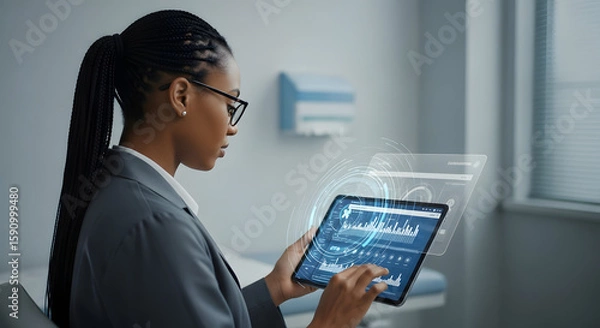 Obraz Woman Analyzing Data on Tablet.