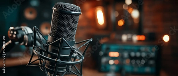 Fototapeta A close-up of a professional microphone in a warm, ambient studio setting. 