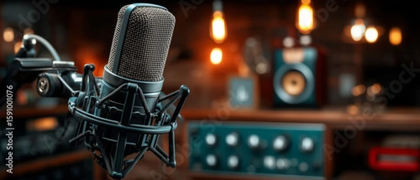 Fototapeta A close-up of a professional microphone in a warm, ambient studio setting. 
