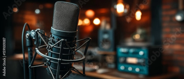 Fototapeta A close-up of a professional microphone in a warm, ambient studio setting. 