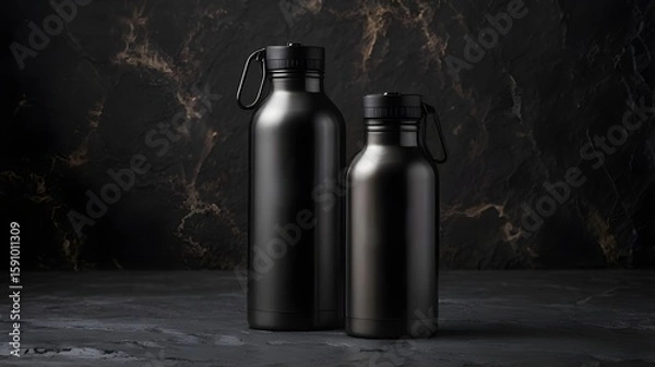Obraz Black Stainless Steel Water Bottle on Dark Stone Background. Generated with AI
