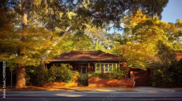 Fototapeta Charming single-story brick house with red-tiled roof on quiet street, surrounded by lush greenery, tall trees with white and brown trunks, golden autumn leaves, dappled sunlight, brick wall, 
