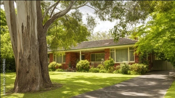 Fototapeta Charming single-story brick house with tiled roof, large windows, and light curtains, nestled in lush greenery, featuring a small porch, shrubs, wide driveway, 