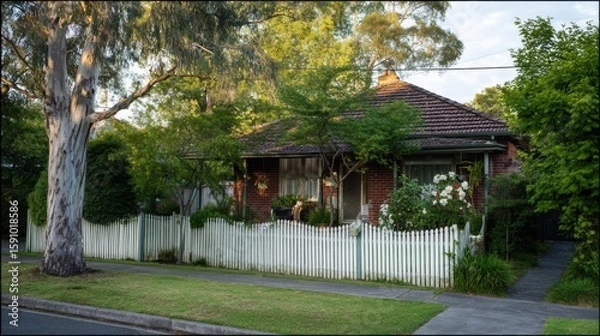 Fototapeta Charming brick house with sloped tiled roof nestled in lush green suburban setting, surrounded by large tree, bushes, flowering plants, white picket fence, warm sunlight, pathway, potted plants, hangi