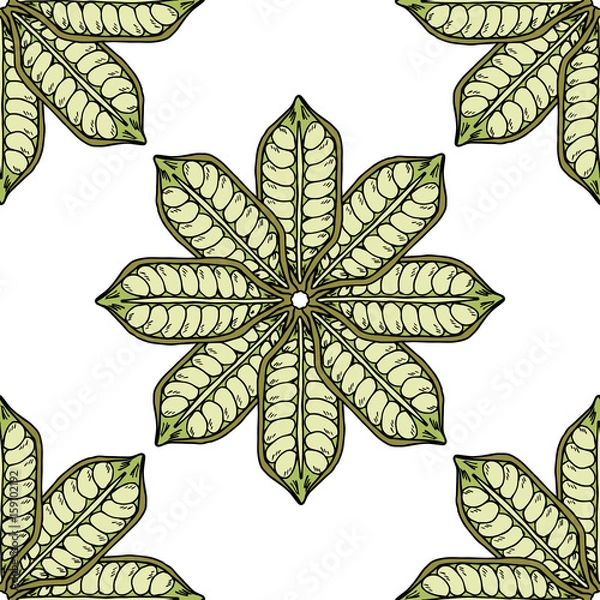 Obraz Sesame seed in color, natural organic butter ingredient. Treatment, care, food ingredient. Ink hand drawn sketch illustration, isolated on white, seamless pattern. 
