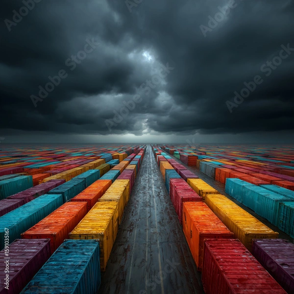 Fototapeta A long road with many colorful containers on it. The containers are in different colors and are stacked on top of each other. The sky is dark and cloudy, giving the scene a moody