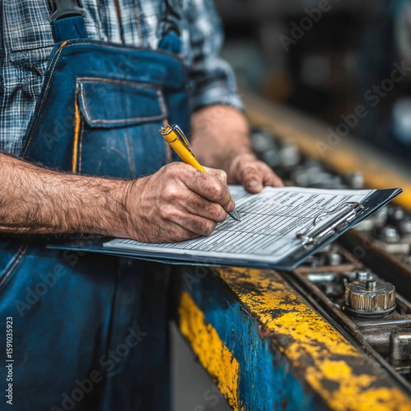 Fototapeta A man is writing on a clipboard with a pen. He is wearing blue overalls and has a serious expression on his face. The clipboard is on a yellow surface, which adds a contrasting color to the scene