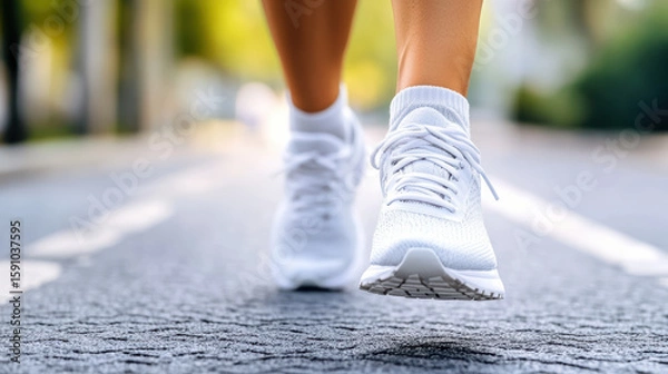 Fototapeta Close up of running shoes hitting pavement during morning exercise, showcasing energy and motion