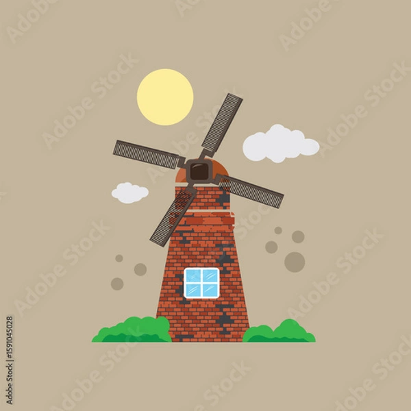 Fototapeta Windmill and clouds vector illustration