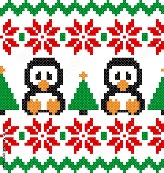 Fototapeta Christmas holiday seamless knit pixel pattern with penguins trees and snowflakes