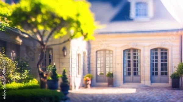 Fototapeta Serene courtyard with lush green tree, cobblestone ground, light-colored stone building, arched French doors, potted plants, warm sunlight, soft-focus effect, peaceful sunny day.