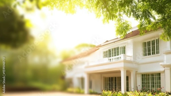 Fototapeta Charming two-story white house with red-tiled roof, decorative balcony, and white-framed windows bathed in warm sunlight, surrounded by lush green foliage and vibrant red and green plants in a serene,