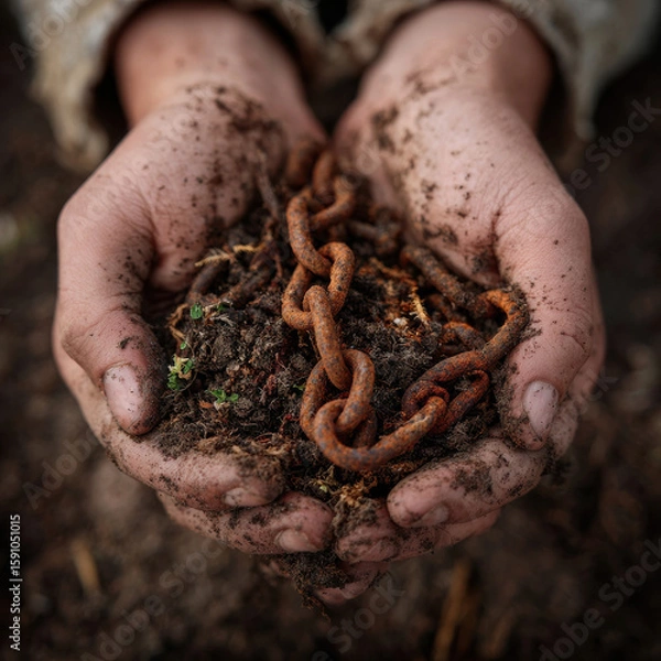 Fototapeta Hands holding soil with rusty chain, symbolizing connection to earth and history. image evokes feelings of resilience