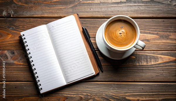 Fototapeta Coffee Break Inspiration: A steaming cup of coffee rests beside an open notebook and pen on a rich wooden desk, hinting at the potential for creative ideas and productivity.