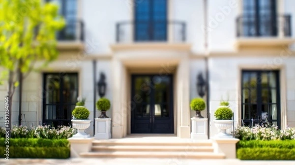 Fototapeta Elegant entrance of a luxurious home with dark double doors, light stone frame, white columns, and ornate planters. Featuring a large window, wrought-iron balconies, 