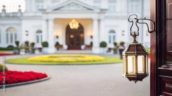 Fototapeta Vintage-style brass lantern mounted on dark wooden door with ornate curved arm, grand white building featuring classical columns, arched windows, illuminated entrance, chandelier, trimmed greenery, 