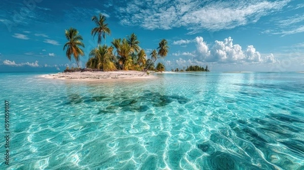 Fototapeta Tropical Island Lagoon Surrounded by Palm Trees and White Sand, Crystal Clear Blue Water with Gentle Ripples, Bright Sky with Puffy Clouds