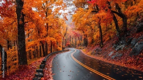 Fototapeta Winding Road Through Autumn Forest with Fallen Leaves


