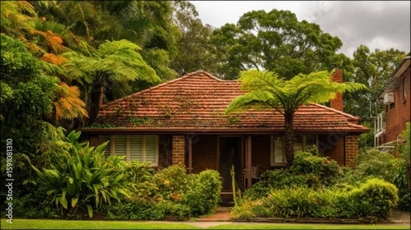 Fototapeta Quaint single-story brick house with reddish-brown tiled roof surrounded by lush greenery, tropical ferns, vibrant shrubs, and overcast sky, creating a serene and inviting atmosphere.