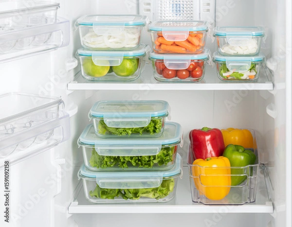 Fototapeta Efficiently Organized Refrigerator Shelves Stocked with Variety of Fresh Produce in Clear Containers, Highlighting Clean Food Storage and Healthy Living in a Modern Kitchen Setting.