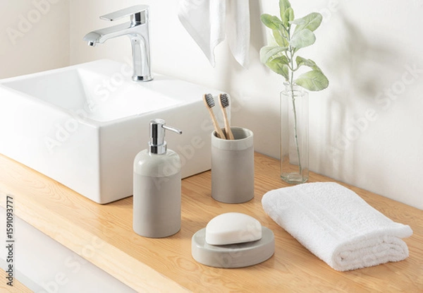 Fototapeta Contemporary eco-conscious bathroom detail, a sleek square white countertop basin, natural bamboo toothbrushes in a gray holder, a soap dispenser, with a plush white towel on a warm wooden countertop.