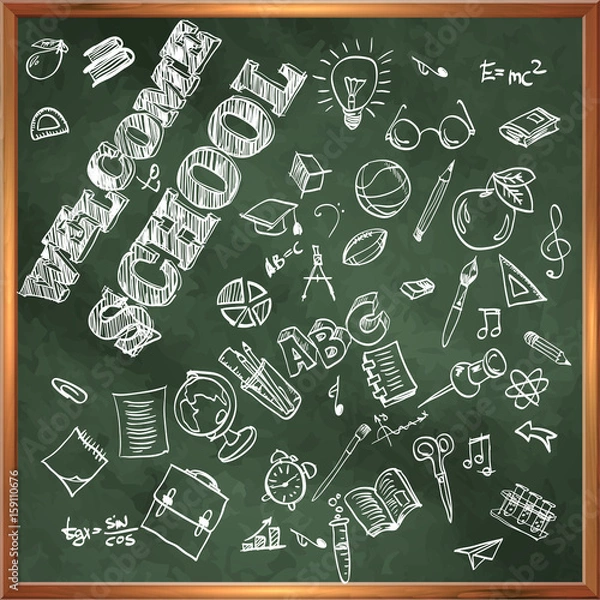Fototapeta Welcome to school. A blackboard with drawings on the theme of ed