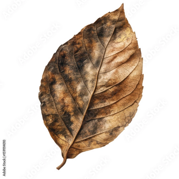 Fototapeta Decaying Leaf: A single, dried leaf displays the intricate details of its decomposition, showcasing a rich tapestry of brown and black hues. 