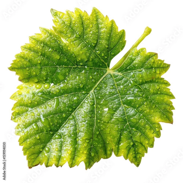 Fototapeta Vibrant Vine Leaf with Droplets: A close-up shot showcases a single, verdant vine leaf, adorned with glistening water droplets, highlighting the intricate veins and natural beauty.