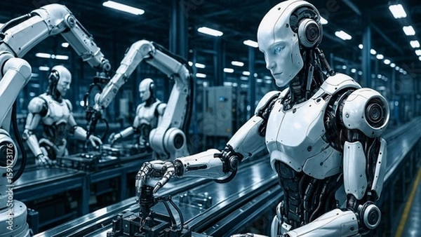 Fototapeta Humanoid robots and robotic arms working on an assembly line in a futuristic factory, showcasing the advancements in automation and artificial intelligence