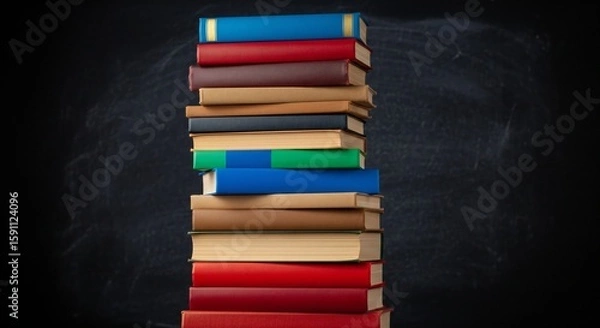 Fototapeta Stack of colorful books piled high against a dark chalkboard background, suggesting learning, education, and knowledge.