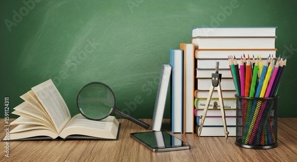 Fototapeta Open book, magnifying glass, smartphone, and stack of books with colored pencils on a wooden desk against a green chalkboard.