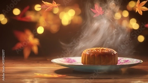 Fototapeta Traditional mooncake on floral-patterned plate with pink and white designs, steaming fresh on wooden surface, surrounded by floating autumn leaves in red and orange hues, 