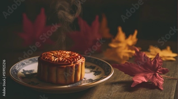 Fototapeta Traditional mooncake with ornate pattern on blue-and-white porcelain plate, steaming fresh, surrounded by vibrant red and yellow autumn leaves on wooden surface, warm seasonal atmosphere.