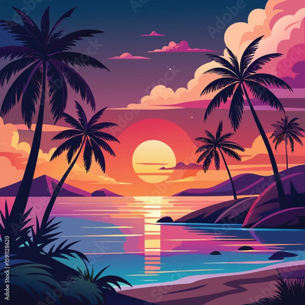 Fototapeta Tropical sunset with palm trees on a tranquil beach