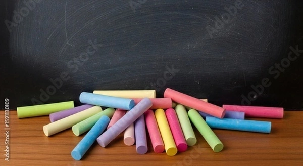 Fototapeta Colorful chalk pieces are scattered on a wooden surface in front of a dark chalkboard, suggesting learning or artistic expression.