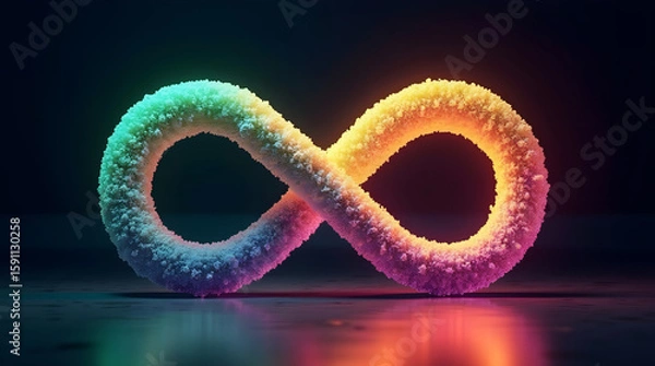 Fototapeta Glowing infinity symbol made of fluffy textured gradient material mirrored on reflective surface against a dark background