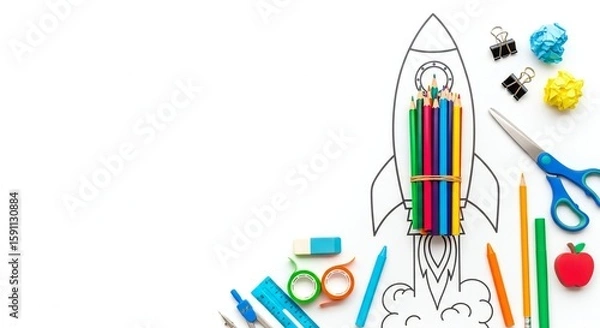 Fototapeta Colorful pencils bundled in a rocket drawing, surrounded by school supplies like scissors, erasers, and paper clips on a white background.