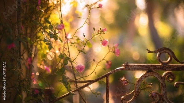 Fototapeta Aged rusted metal fence with intricate scrollwork surrounded by blooming pink roses, green leaves, and warm golden sunlight creating a serene garden atmosphere at dawn or dusk.