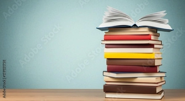 Fototapeta A stack of colorful books resting on a wooden surface, with the top book open, against a light blue background.