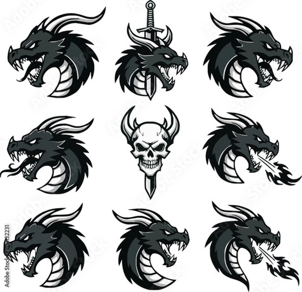Fototapeta Collection of dragon head illustrations with varying designs, including one with a sword and another with a skull.