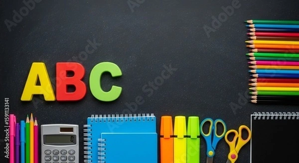 Fototapeta Colorful ABC letters and assorted school supplies including pencils, notebooks, calculator, and scissors arranged on a dark background.